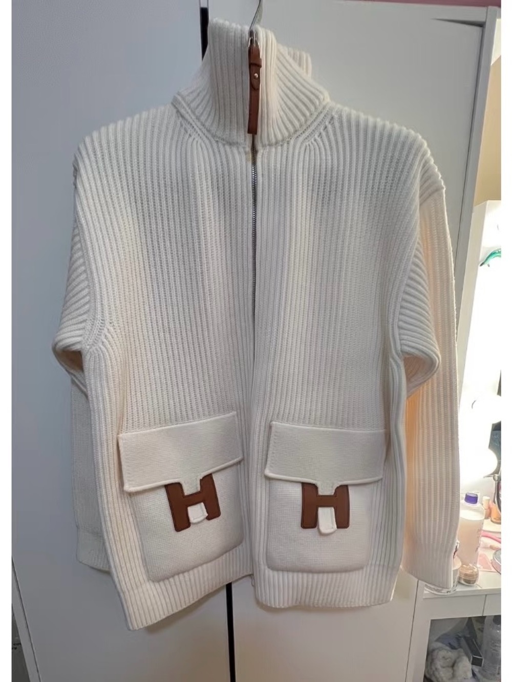 Hermes Cream Zip-Front Ribbed Knit Jacket with H Pocket Accents